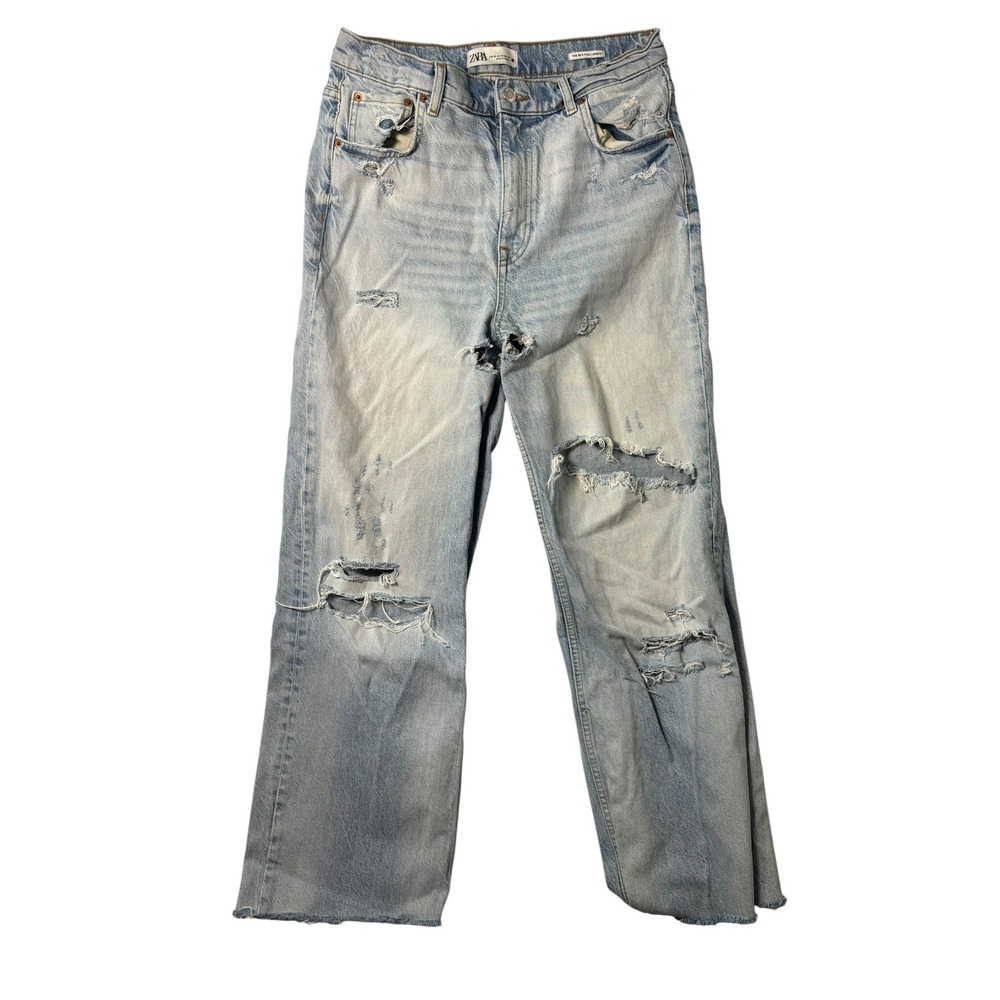 Zara The 90s Full Length Distressed Wide Leg‎ Jeans Light Wash Blue Size 10
